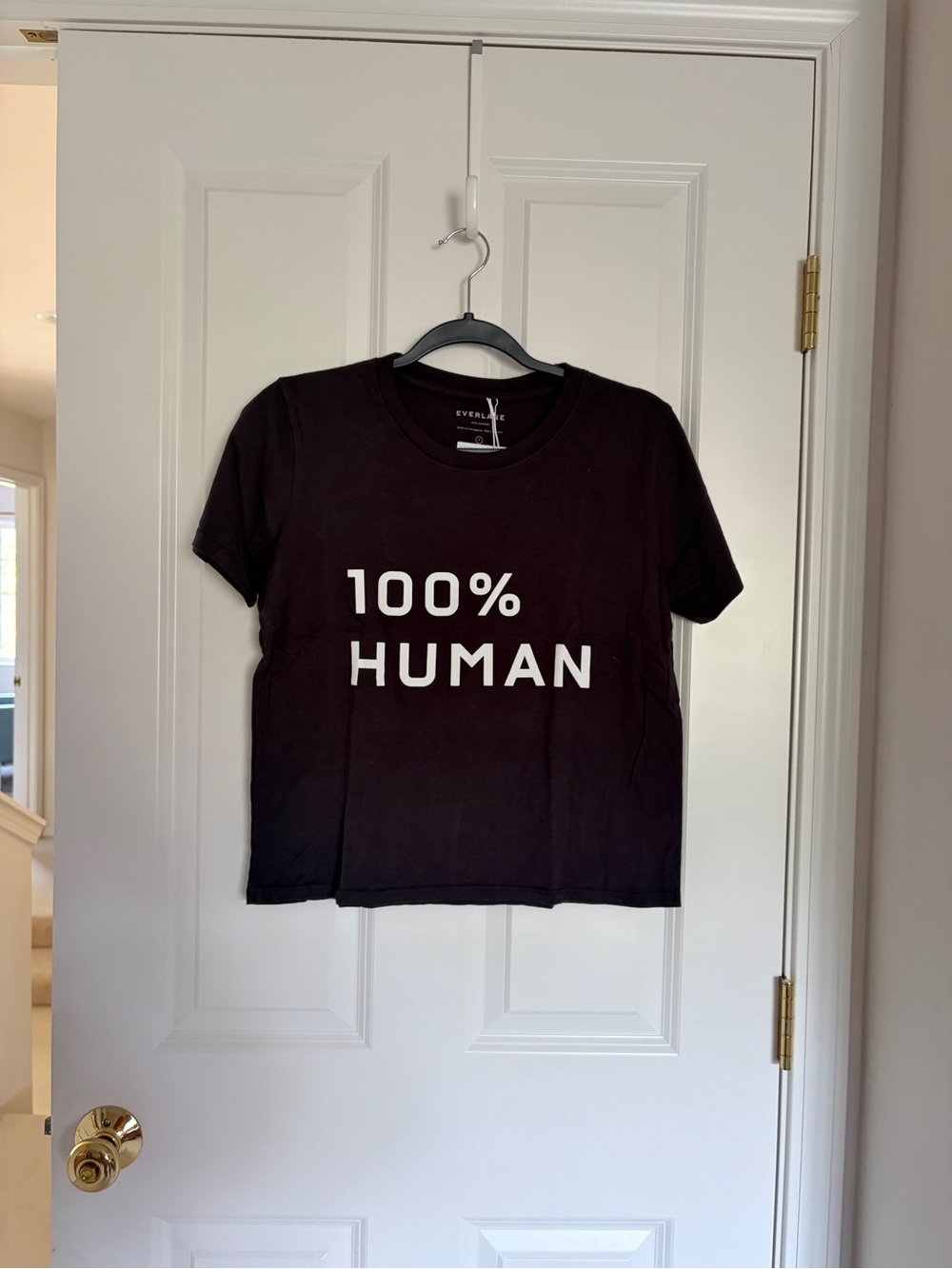 Everlane Black Tee box cut with White "100% HUMAN" Graphic